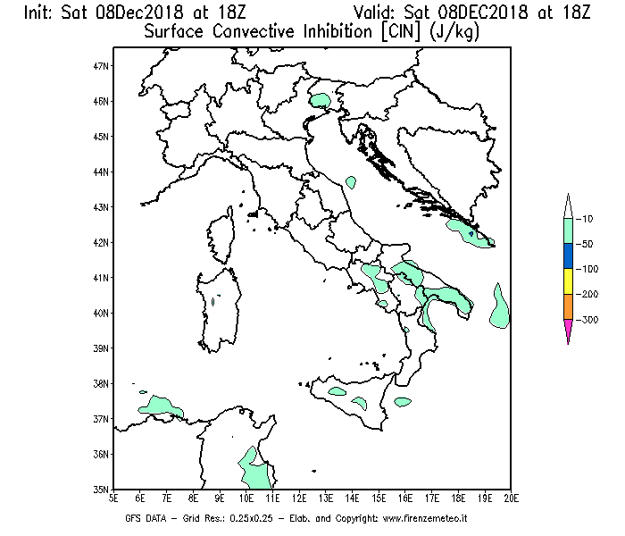 Mappa di analisi GFS - CIN [J/kg] in Italia
									del 08/12/2018 18 <!--googleoff: index-->UTC<!--googleon: index-->