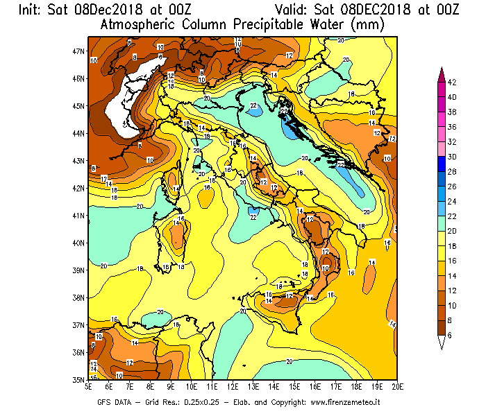 Mappa di analisi GFS - Precipitable Water [mm] in Italia
							del 08/12/2018 00 <!--googleoff: index-->UTC<!--googleon: index-->