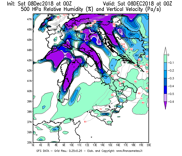 Mappa di analisi GFS - Umidità relativa [%] e Omega [Pa/s] a 500 hPa in Italia
							del 08/12/2018 00 <!--googleoff: index-->UTC<!--googleon: index-->