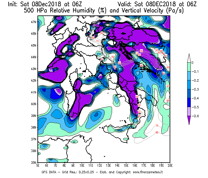 Mappa di analisi GFS - Umidità relativa [%] e Omega [Pa/s] a 500 hPa in Italia
							del 08/12/2018 06 <!--googleoff: index-->UTC<!--googleon: index-->