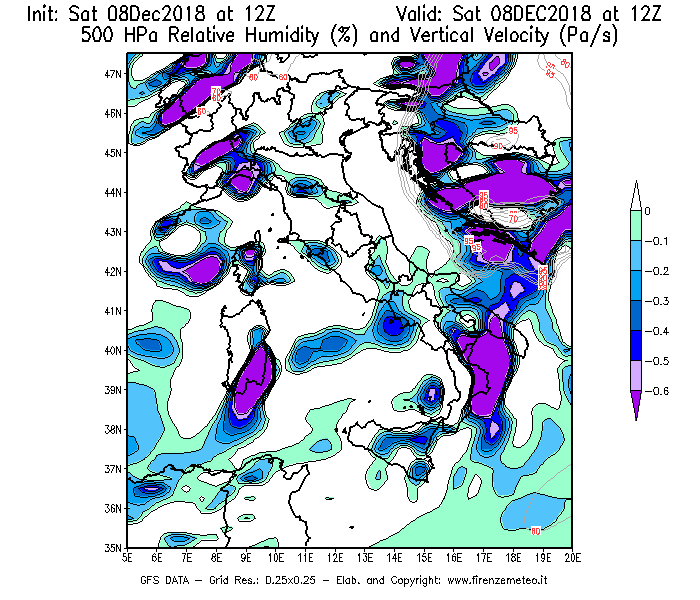 Mappa di analisi GFS - Umidità relativa [%] e Omega [Pa/s] a 500 hPa in Italia
							del 08/12/2018 12 <!--googleoff: index-->UTC<!--googleon: index-->