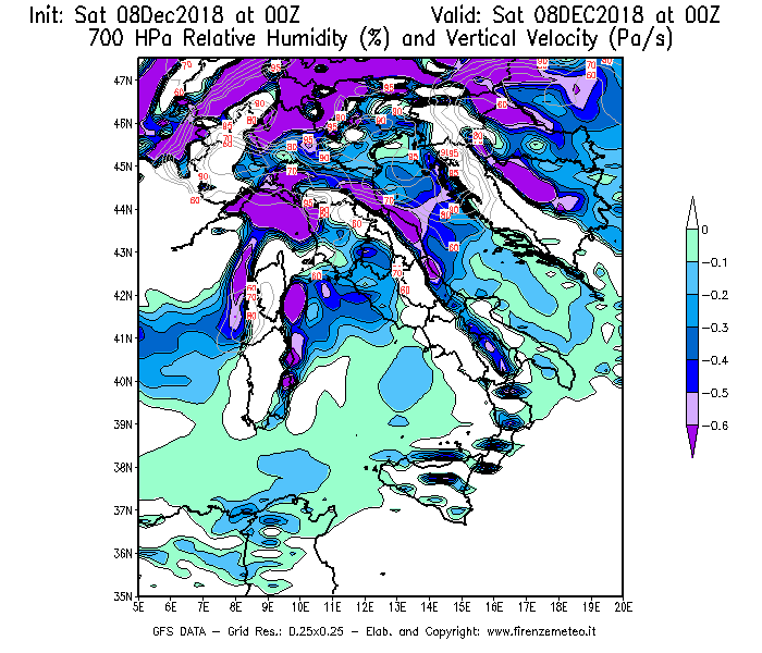 Mappa di analisi GFS - Umidità relativa [%] e Omega [Pa/s] a 700 hPa in Italia
							del 08/12/2018 00 <!--googleoff: index-->UTC<!--googleon: index-->