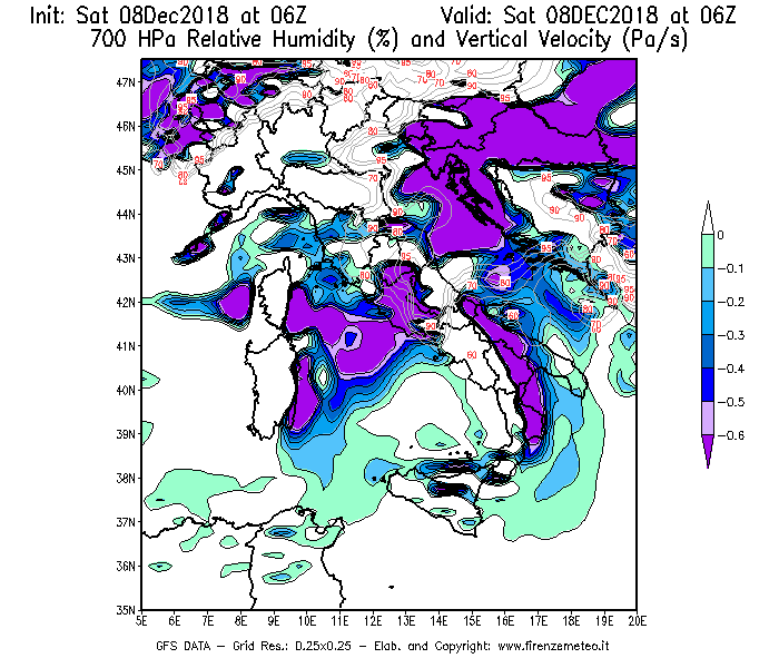 Mappa di analisi GFS - Umidità relativa [%] e Omega [Pa/s] a 700 hPa in Italia
									del 08/12/2018 06 <!--googleoff: index-->UTC<!--googleon: index-->