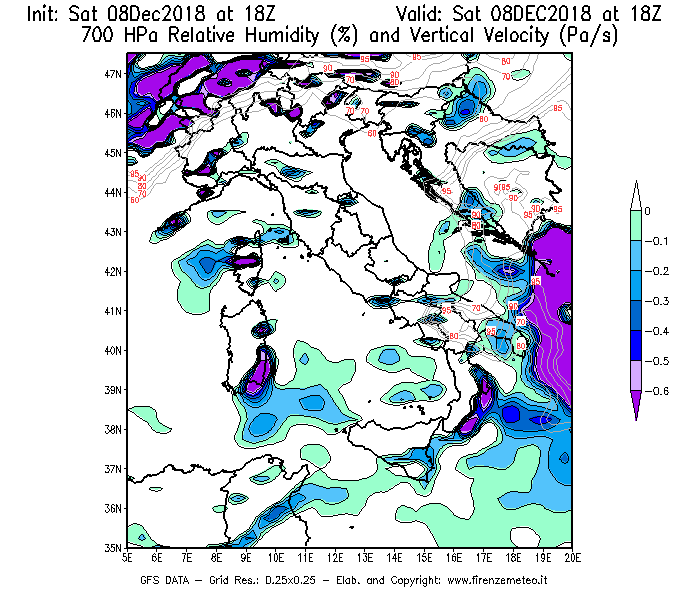 Mappa di analisi GFS - Umidità relativa [%] e Omega [Pa/s] a 700 hPa in Italia
									del 08/12/2018 18 <!--googleoff: index-->UTC<!--googleon: index-->