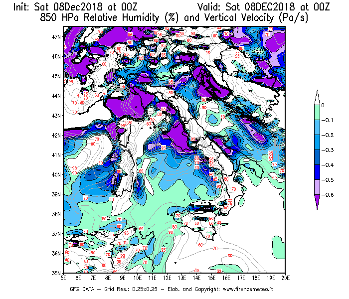 Mappa di analisi GFS - Umidità relativa [%] e Omega [Pa/s] a 850 hPa in Italia
									del 08/12/2018 00 <!--googleoff: index-->UTC<!--googleon: index-->