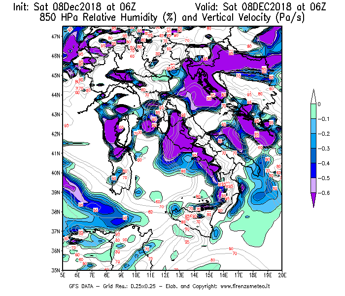 Mappa di analisi GFS - Umidità relativa [%] e Omega [Pa/s] a 850 hPa in Italia
							del 08/12/2018 06 <!--googleoff: index-->UTC<!--googleon: index-->