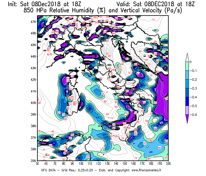 Mappa di analisi GFS - Umidità relativa [%] e Omega [Pa/s] a 850 hPa in Italia
									del 08/12/2018 18 <!--googleoff: index-->UTC<!--googleon: index-->