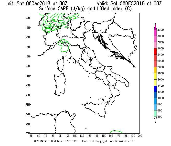 Mappa di analisi GFS - CAPE [J/kg] e Lifted Index [°C] in Italia
									del 08/12/2018 00 <!--googleoff: index-->UTC<!--googleon: index-->