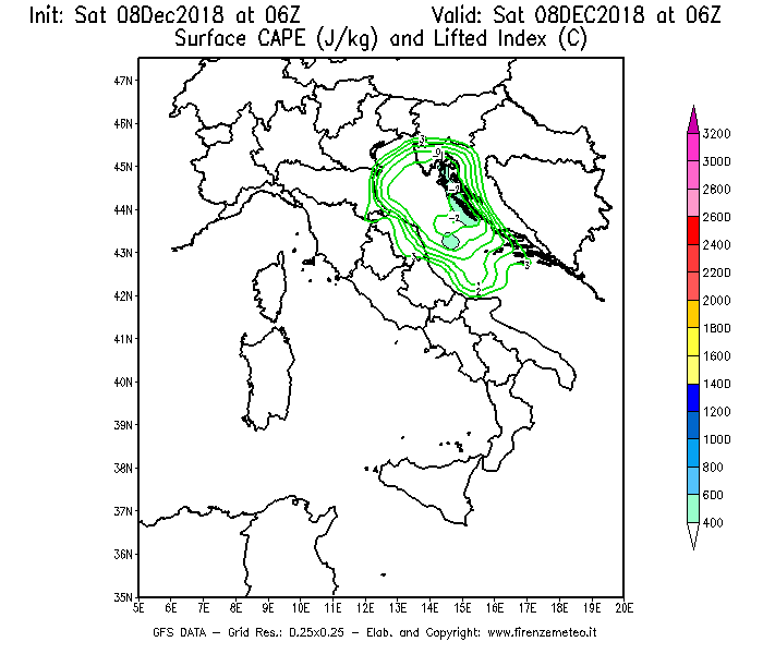 Mappa di analisi GFS - CAPE [J/kg] e Lifted Index [°C] in Italia
							del 08/12/2018 06 <!--googleoff: index-->UTC<!--googleon: index-->