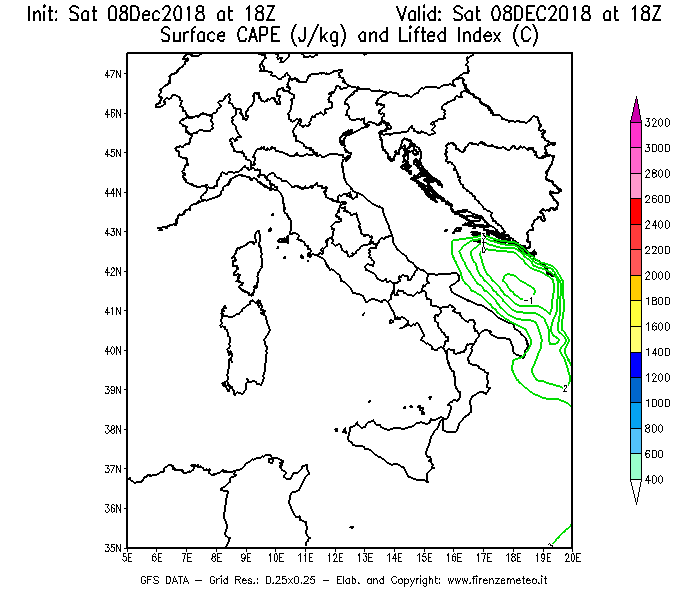 Mappa di analisi GFS - CAPE [J/kg] e Lifted Index [°C] in Italia
							del 08/12/2018 18 <!--googleoff: index-->UTC<!--googleon: index-->
