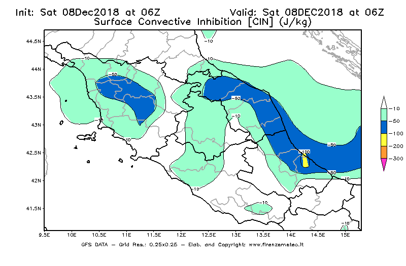 Mappa di analisi GFS - CIN [J/kg] in Centro-Italia
							del 08/12/2018 06 <!--googleoff: index-->UTC<!--googleon: index-->