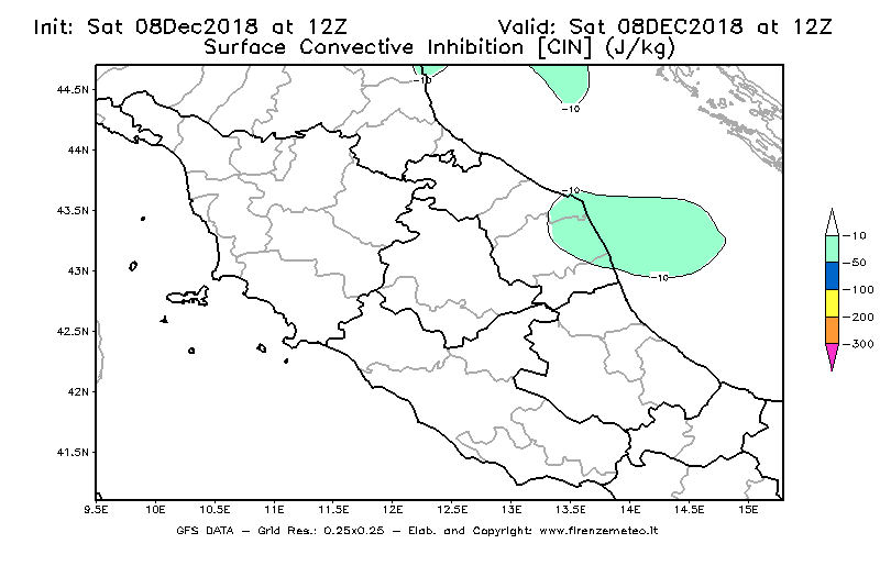 Mappa di analisi GFS - CIN [J/kg] in Centro-Italia
							del 08/12/2018 12 <!--googleoff: index-->UTC<!--googleon: index-->