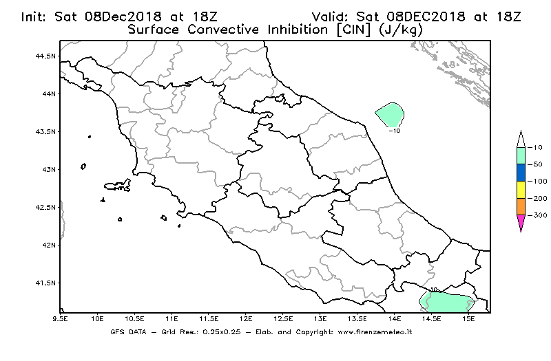 Mappa di analisi GFS - CIN [J/kg] in Centro-Italia
									del 08/12/2018 18 <!--googleoff: index-->UTC<!--googleon: index-->