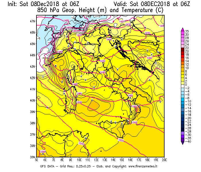 Mappa di analisi GFS - Geopotenziale [m] e Temperatura [°C] a 850 hPa in Italia
							del 08/12/2018 06 <!--googleoff: index-->UTC<!--googleon: index-->