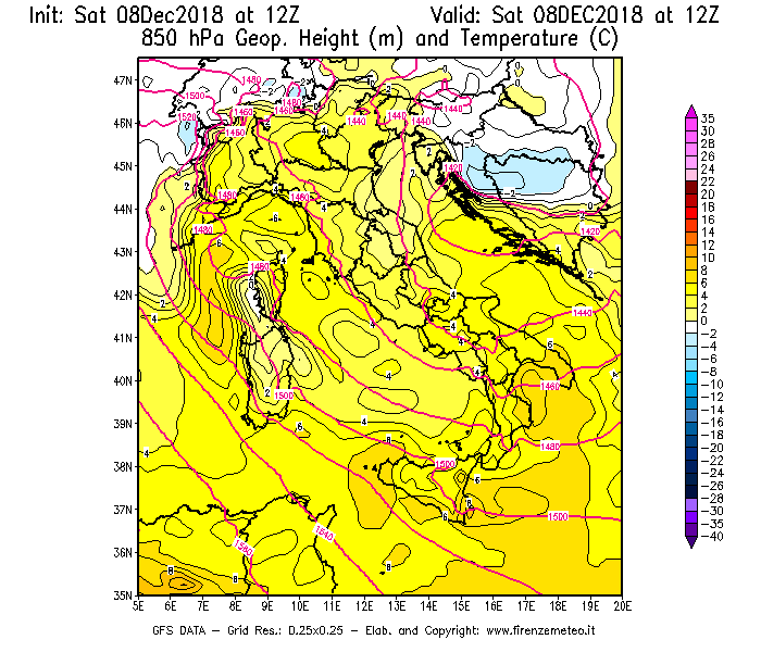 Mappa di analisi GFS - Geopotenziale [m] e Temperatura [°C] a 850 hPa in Italia
									del 08/12/2018 12 <!--googleoff: index-->UTC<!--googleon: index-->