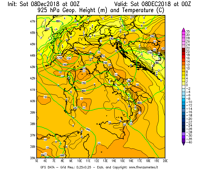 Mappa di analisi GFS - Geopotenziale [m] e Temperatura [°C] a 925 hPa in Italia
									del 08/12/2018 00 <!--googleoff: index-->UTC<!--googleon: index-->