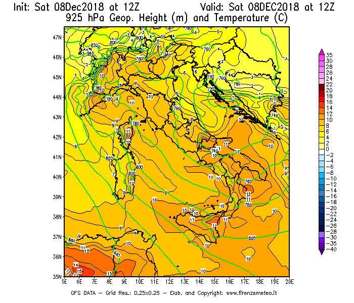 Mappa di analisi GFS - Geopotenziale [m] e Temperatura [°C] a 925 hPa in Italia
							del 08/12/2018 12 <!--googleoff: index-->UTC<!--googleon: index-->
