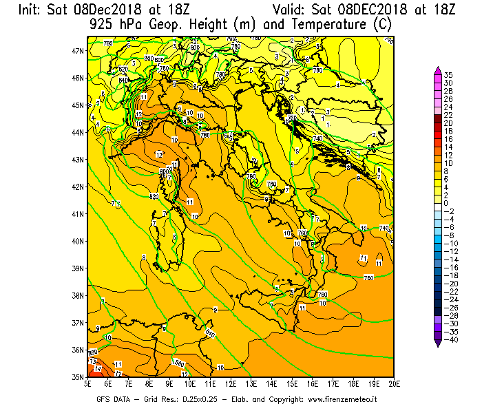 Mappa di analisi GFS - Geopotenziale [m] e Temperatura [°C] a 925 hPa in Italia
									del 08/12/2018 18 <!--googleoff: index-->UTC<!--googleon: index-->