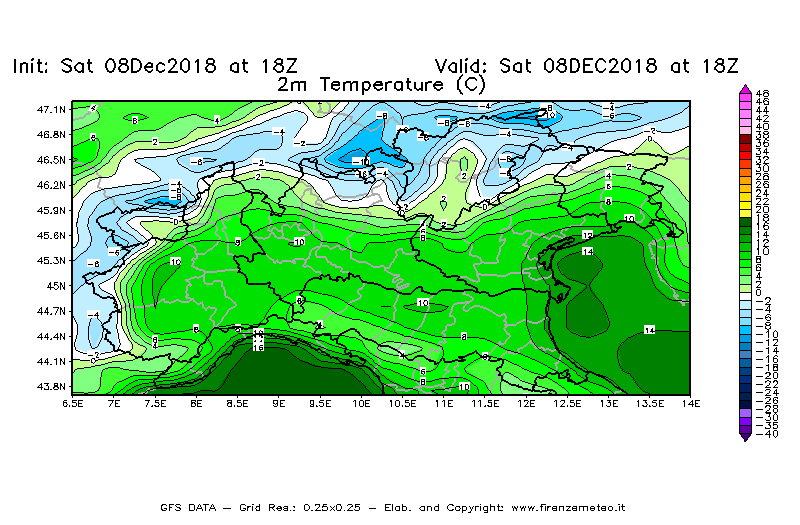 Mappa di analisi GFS - Temperatura a 2 metri dal suolo [°C] in Nord-Italia
									del 08/12/2018 18 <!--googleoff: index-->UTC<!--googleon: index-->