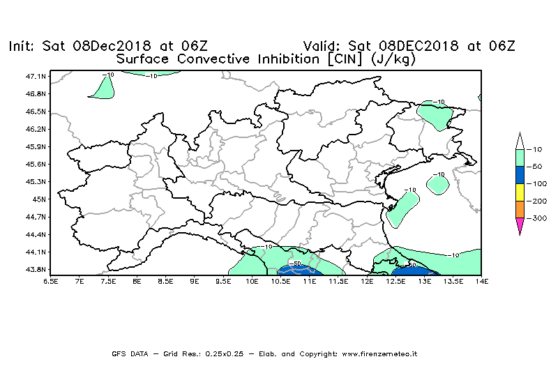 Mappa di analisi GFS - CIN [J/kg] in Nord-Italia
									del 08/12/2018 06 <!--googleoff: index-->UTC<!--googleon: index-->