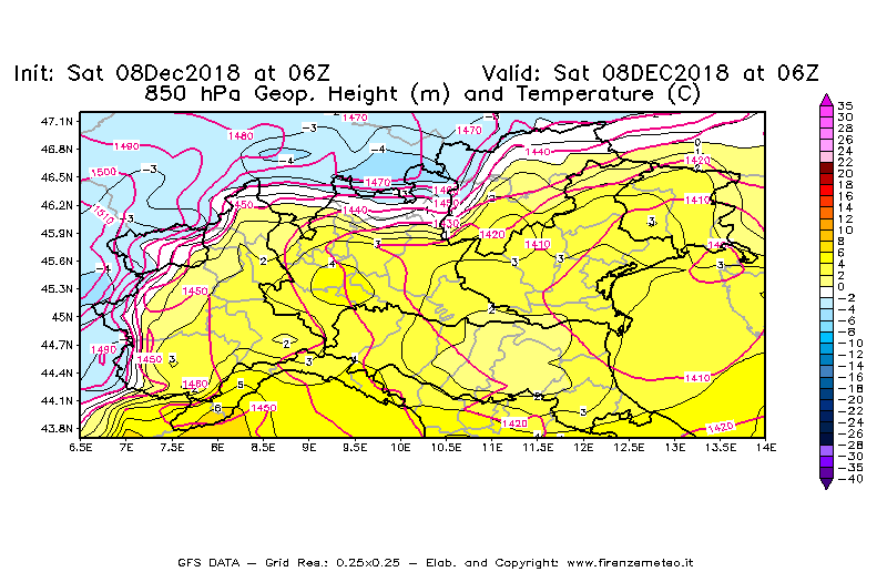 Mappa di analisi GFS - Geopotenziale [m] e Temperatura [°C] a 850 hPa in Nord-Italia
							del 08/12/2018 06 <!--googleoff: index-->UTC<!--googleon: index-->