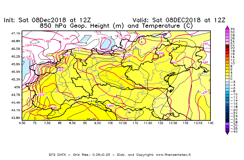 Mappa di analisi GFS - Geopotenziale [m] e Temperatura [°C] a 850 hPa in Nord-Italia
							del 08/12/2018 12 <!--googleoff: index-->UTC<!--googleon: index-->