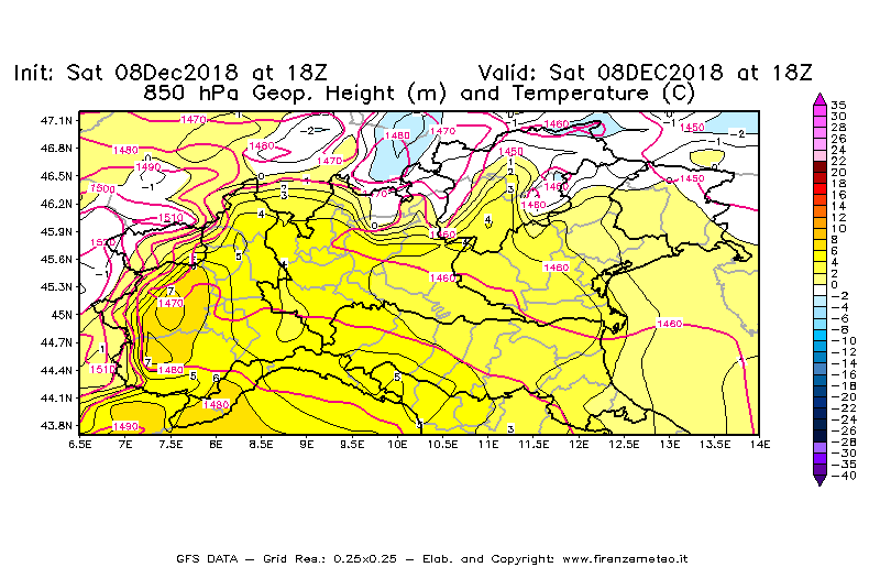 Mappa di analisi GFS - Geopotenziale [m] e Temperatura [°C] a 850 hPa in Nord-Italia
							del 08/12/2018 18 <!--googleoff: index-->UTC<!--googleon: index-->