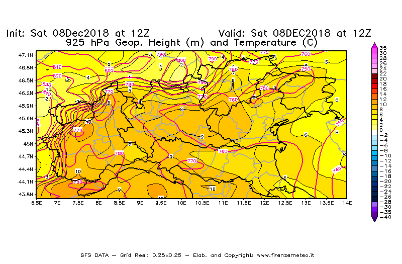 Mappa di analisi GFS - Geopotenziale [m] e Temperatura [°C] a 925 hPa in Nord-Italia
							del 08/12/2018 12 <!--googleoff: index-->UTC<!--googleon: index-->