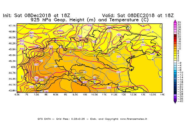 Mappa di analisi GFS - Geopotenziale [m] e Temperatura [°C] a 925 hPa in Nord-Italia
									del 08/12/2018 18 <!--googleoff: index-->UTC<!--googleon: index-->