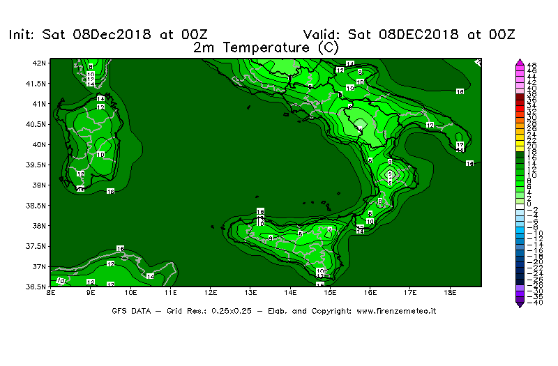 Mappa di analisi GFS - Temperatura a 2 metri dal suolo [°C] in Sud-Italia
									del 08/12/2018 00 <!--googleoff: index-->UTC<!--googleon: index-->
