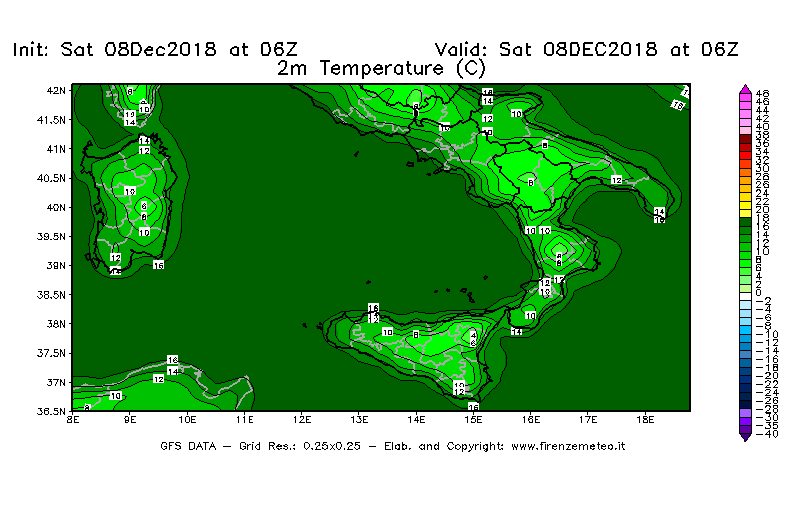 Mappa di analisi GFS - Temperatura a 2 metri dal suolo [°C] in Sud-Italia
							del 08/12/2018 06 <!--googleoff: index-->UTC<!--googleon: index-->