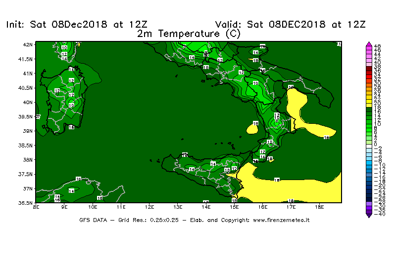 Mappa di analisi GFS - Temperatura a 2 metri dal suolo [°C] in Sud-Italia
									del 08/12/2018 12 <!--googleoff: index-->UTC<!--googleon: index-->
