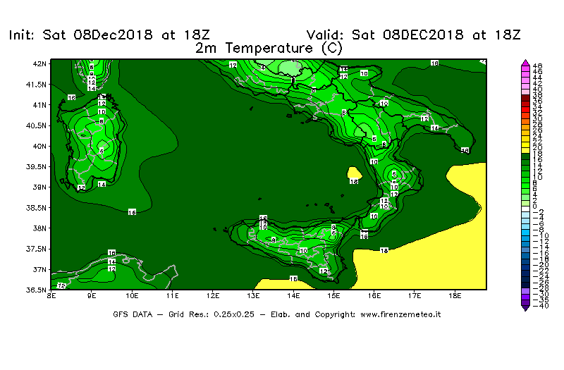 Mappa di analisi GFS - Temperatura a 2 metri dal suolo [°C] in Sud-Italia
									del 08/12/2018 18 <!--googleoff: index-->UTC<!--googleon: index-->