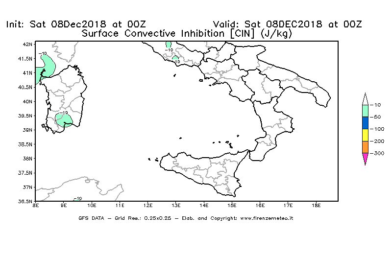 Mappa di analisi GFS - CIN [J/kg] in Sud-Italia
							del 08/12/2018 00 <!--googleoff: index-->UTC<!--googleon: index-->