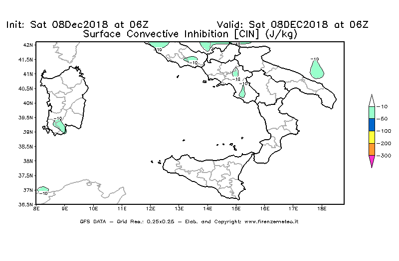 Mappa di analisi GFS - CIN [J/kg] in Sud-Italia
							del 08/12/2018 06 <!--googleoff: index-->UTC<!--googleon: index-->