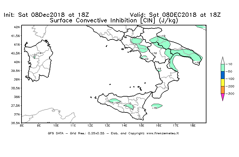 Mappa di analisi GFS - CIN [J/kg] in Sud-Italia
							del 08/12/2018 18 <!--googleoff: index-->UTC<!--googleon: index-->
