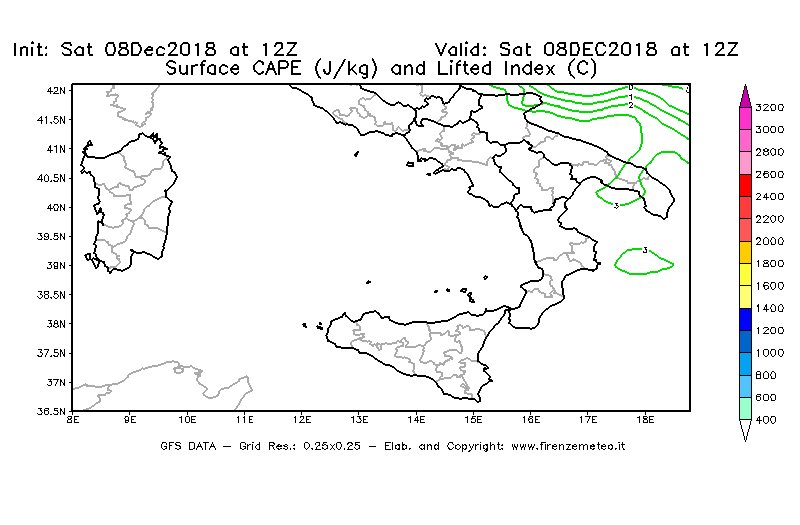 Mappa di analisi GFS - CAPE [J/kg] e Lifted Index [°C] in Sud-Italia
							del 08/12/2018 12 <!--googleoff: index-->UTC<!--googleon: index-->