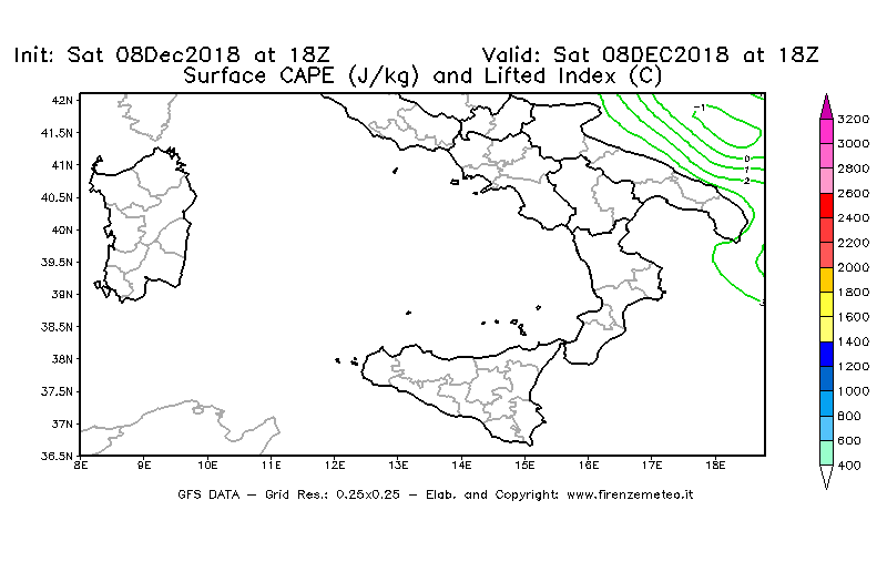 Mappa di analisi GFS - CAPE [J/kg] e Lifted Index [°C] in Sud-Italia
									del 08/12/2018 18 <!--googleoff: index-->UTC<!--googleon: index-->