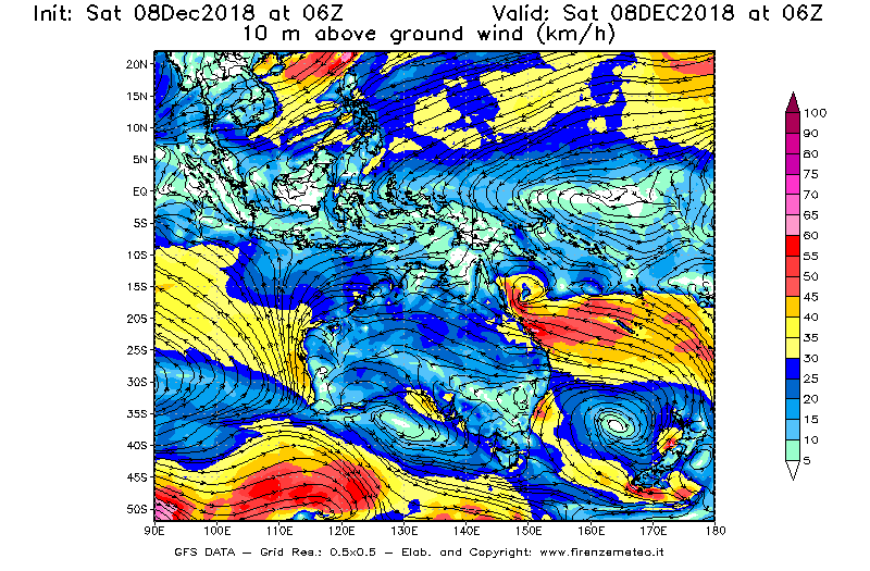 Mappa di analisi GFS - Velocità del vento a 10 metri dal suolo [km/h] in Oceania
							del 08/12/2018 06 <!--googleoff: index-->UTC<!--googleon: index-->