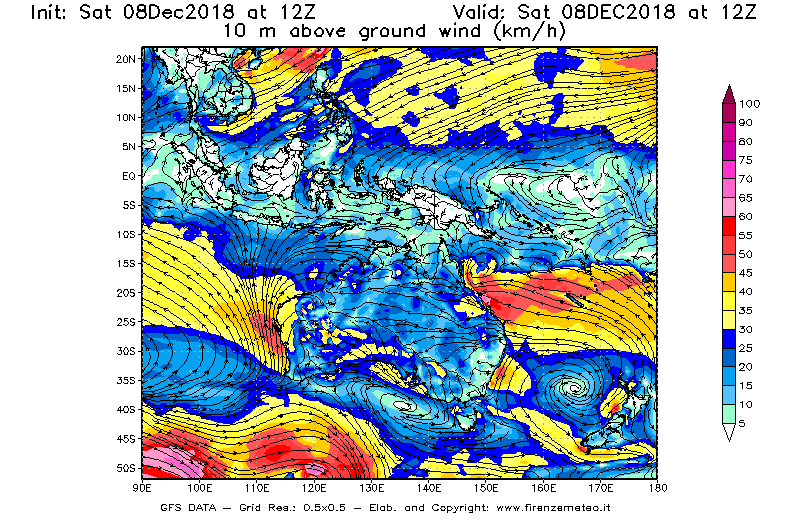 Mappa di analisi GFS - Velocità del vento a 10 metri dal suolo [km/h] in Oceania
									del 08/12/2018 12 <!--googleoff: index-->UTC<!--googleon: index-->