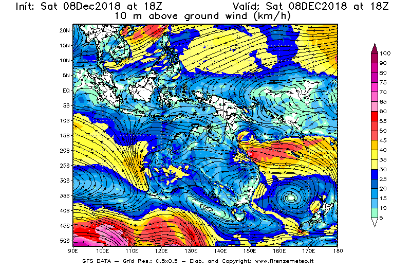 Mappa di analisi GFS - Velocità del vento a 10 metri dal suolo [km/h] in Oceania
									del 08/12/2018 18 <!--googleoff: index-->UTC<!--googleon: index-->
