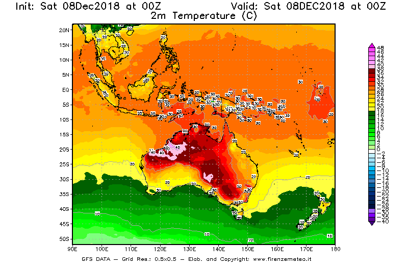 Mappa di analisi GFS - Temperatura a 2 metri dal suolo [°C] in Oceania
							del 08/12/2018 00 <!--googleoff: index-->UTC<!--googleon: index-->