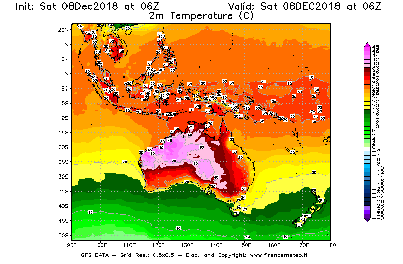 Mappa di analisi GFS - Temperatura a 2 metri dal suolo [°C] in Oceania
									del 08/12/2018 06 <!--googleoff: index-->UTC<!--googleon: index-->