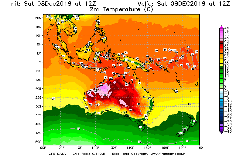Mappa di analisi GFS - Temperatura a 2 metri dal suolo [°C] in Oceania
							del 08/12/2018 12 <!--googleoff: index-->UTC<!--googleon: index-->