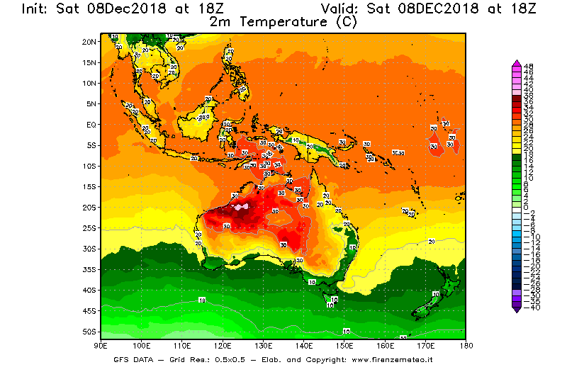 Mappa di analisi GFS - Temperatura a 2 metri dal suolo [°C] in Oceania
							del 08/12/2018 18 <!--googleoff: index-->UTC<!--googleon: index-->