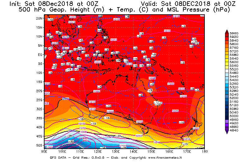 Mappa di analisi GFS - Geopotenziale [m] + Temp. [°C] a 500 hPa + Press. a livello del mare [hPa] in Oceania
							del 08/12/2018 00 <!--googleoff: index-->UTC<!--googleon: index-->