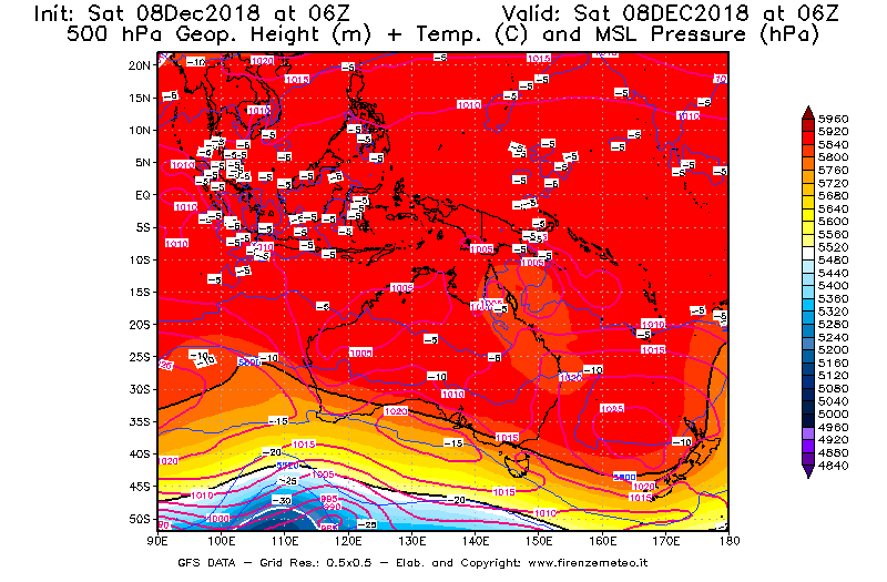 Mappa di analisi GFS - Geopotenziale [m] + Temp. [°C] a 500 hPa + Press. a livello del mare [hPa] in Oceania
							del 08/12/2018 06 <!--googleoff: index-->UTC<!--googleon: index-->