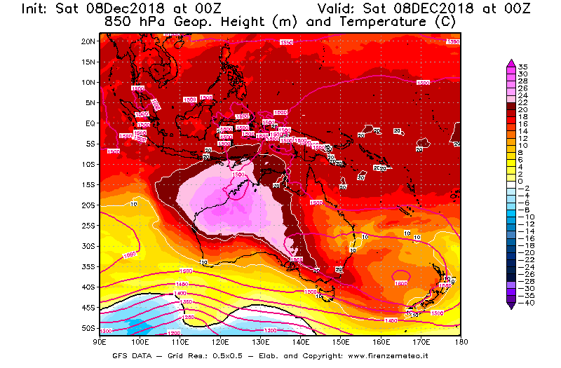Mappa di analisi GFS - Geopotenziale [m] e Temperatura [°C] a 850 hPa in Oceania
							del 08/12/2018 00 <!--googleoff: index-->UTC<!--googleon: index-->
