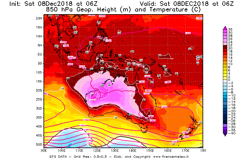 Mappa di analisi GFS - Geopotenziale [m] e Temperatura [°C] a 850 hPa in Oceania
									del 08/12/2018 06 <!--googleoff: index-->UTC<!--googleon: index-->