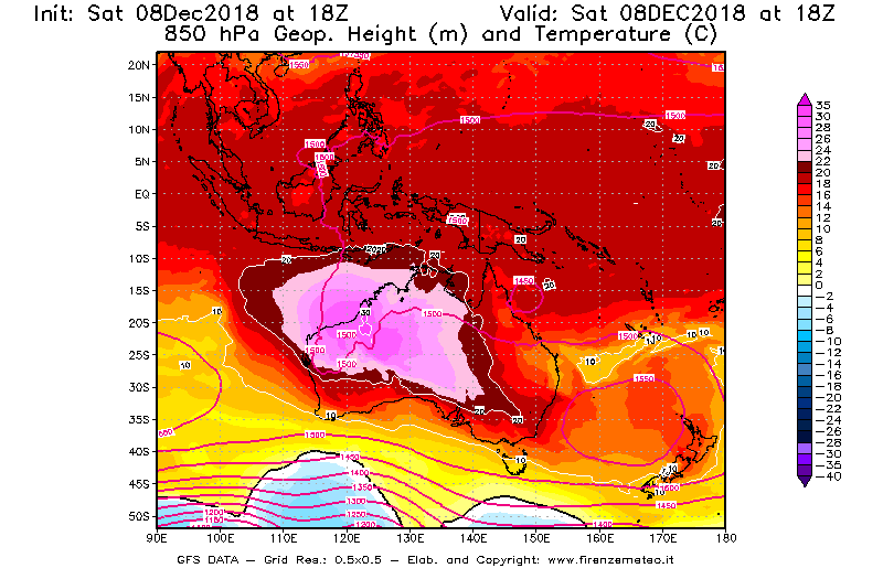 Mappa di analisi GFS - Geopotenziale [m] e Temperatura [°C] a 850 hPa in Oceania
							del 08/12/2018 18 <!--googleoff: index-->UTC<!--googleon: index-->